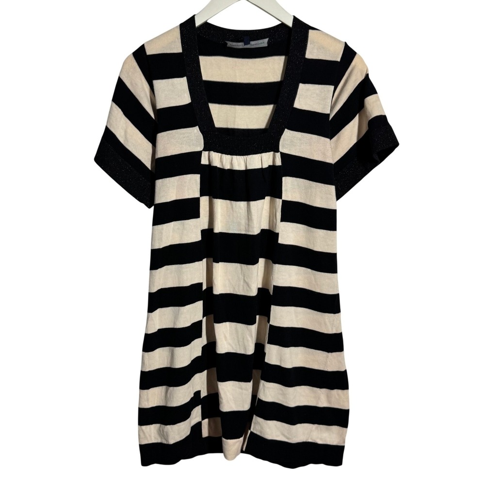 French Connection Women Black Cream Striped Metallic Trim Knit Mini Dress 8 Y2K